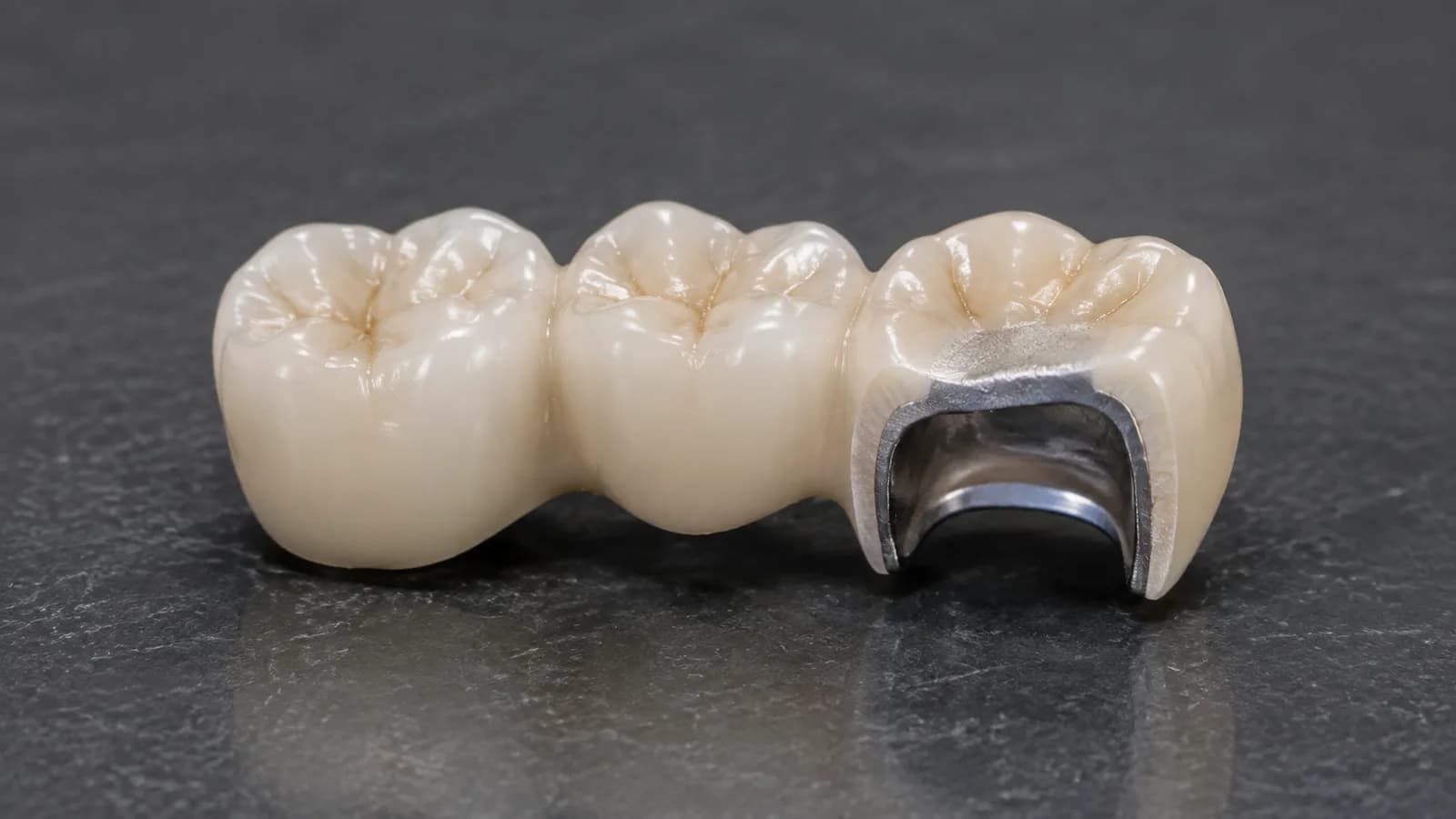Porcelain-fused-to-metal dental bridge cutaway