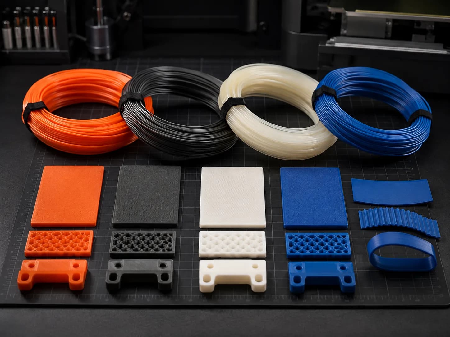 FDM filament coils and printed material samples