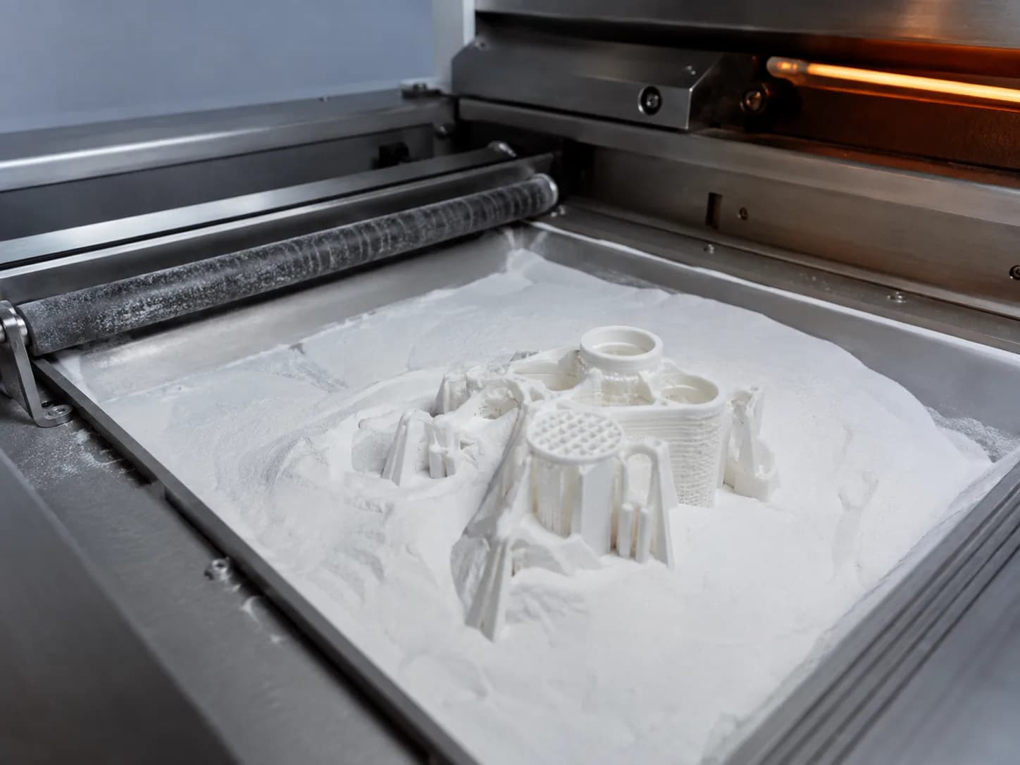 White nylon component emerging from an SLS powder bed