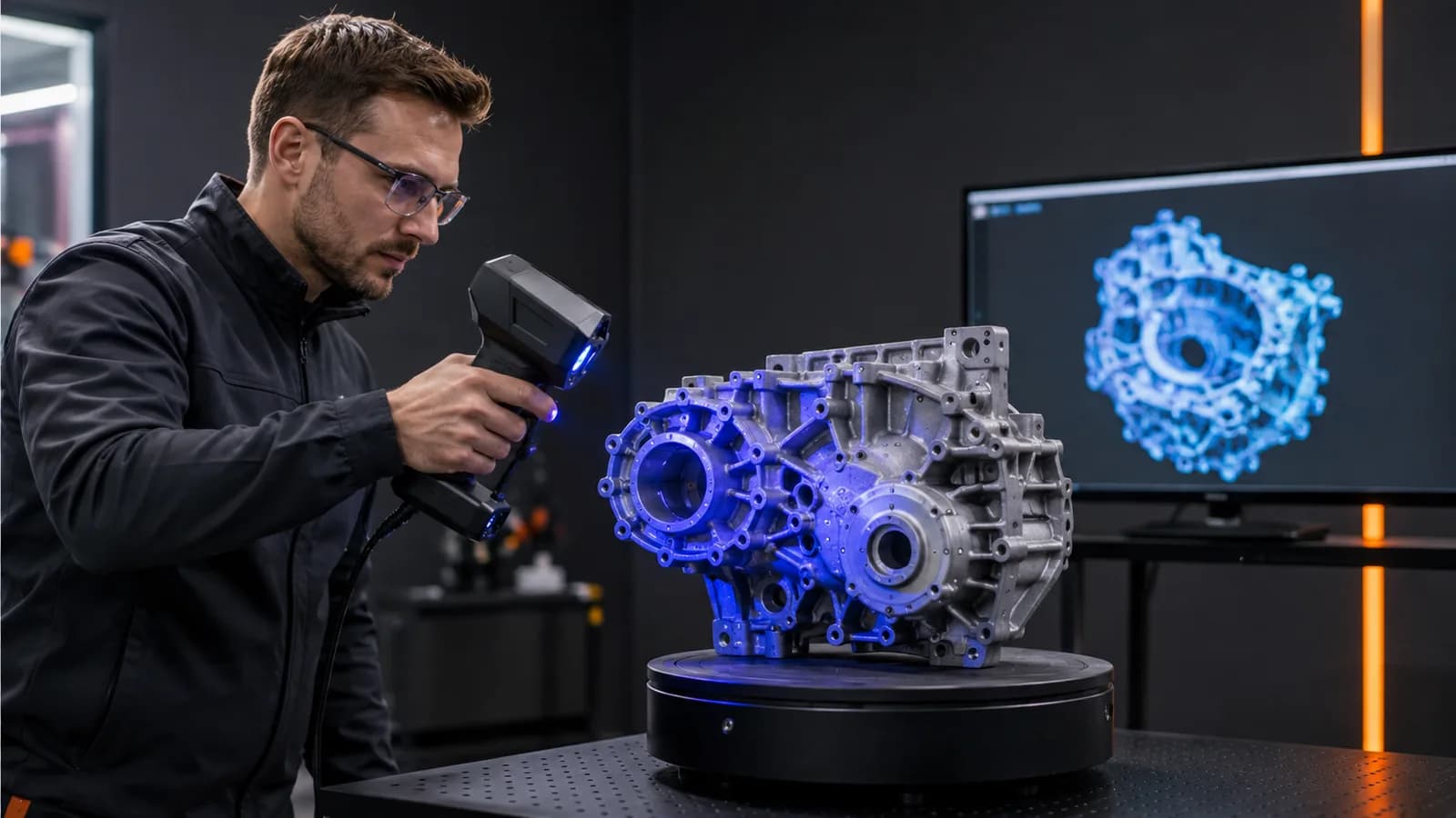 Engineer scanning a complex mechanical casting
