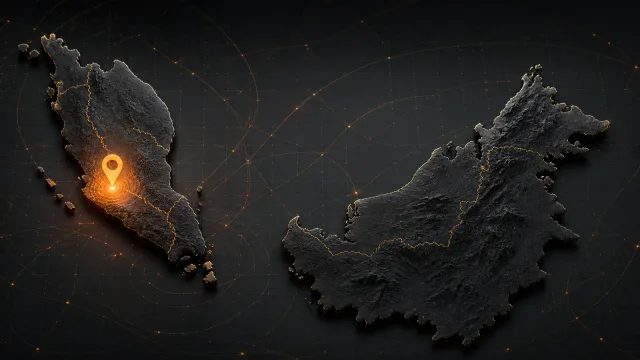 Stylised map of Malaysia with a marker near Kuala Lumpur