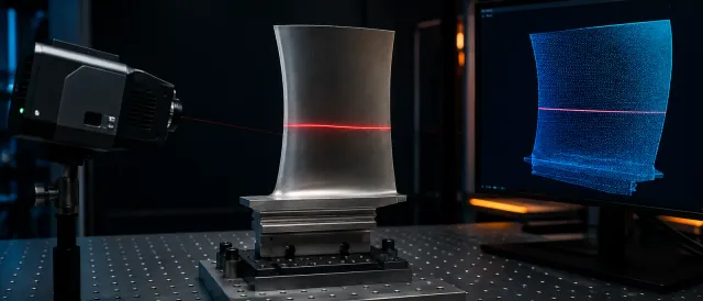 Laser triangulation scanner measuring a turbine blade